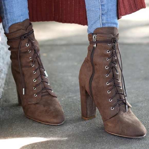 Lulus Shoes - Soraka Taupe Suede Lace-Up Mid-Calf Booties ~ Size 8
